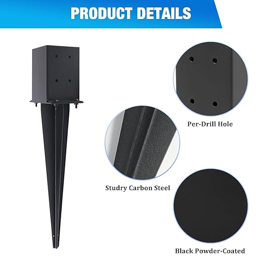 3 Pcs 4"x4" Fence Post Anchor Ground Spike 22"(Actual 3.6"x3.6") Heavy Duty Metal Fence Post Anchor with Black Powder-Coated for Deck,Fence,Porch,Railing,Mailbox