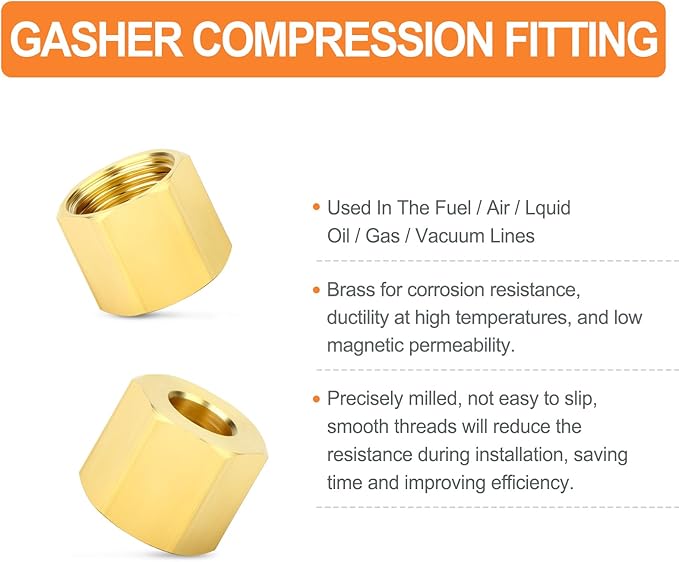 GASHER 30PCS Brass 1/4" Compression Fitting, Brass Compression Nut