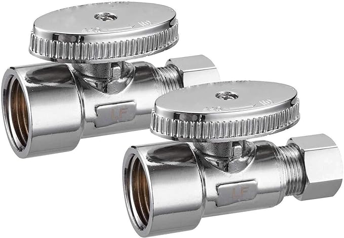 2 Pack Brass 1/2 Inch FIP x 3/8 Inch OD Compression Quarter Turn Straight Water Angle Stop Valve Shut Off