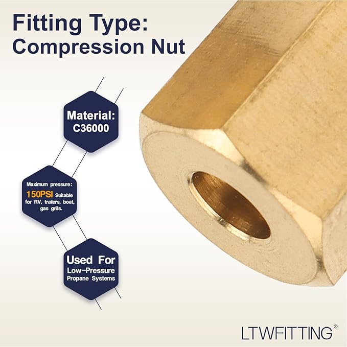 LTWFITTING 3/16-Inch Brass Compression Nut,Brass Compression Fitting(Pack of 150)