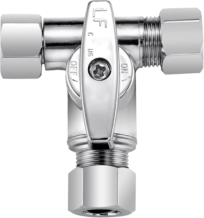Lead-Free Brass 2Pcs Chrome-Plated Add-A-Tee 3-Way,3/8 Inch x 3/8 Inch x 1/4 Inch Angle Stop Valve For Reverse Osmosis Water Filters,Ice Maker,Refrigerator