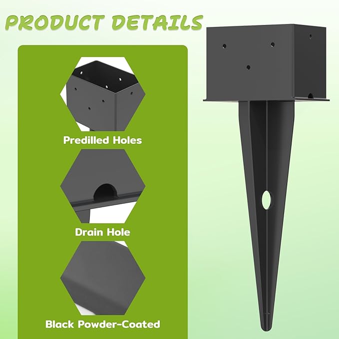 4 Pcs 4"x 6" Fence Post Anchor Ground Spike, 16.5" Heavy Duty Metal Fence Stake Post Bases (Inner Size 3.6"x5.6") with Black Powder Coated for Fence, Deck, Railing, Mailbox and Porch