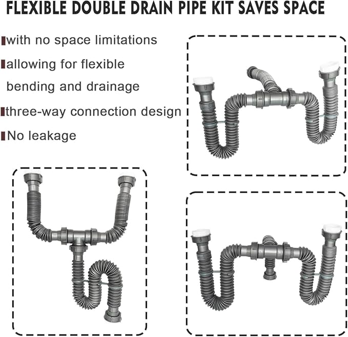 Flexible Expandable Double P-Trap Kit for 1 1/2" or 1 1/4" Double Bowl Sink Drain, Tube Pipes Kit Fit for Kitchen, Bathroom, Complete with Sealing Ring, Tape, and Tubing
