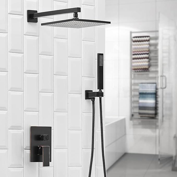 BWE 12 Inch Oill Rubbed Bronze Shower System Faucet Waterfall Tub Complete with Spout Set Square Luxury Rain Mixer Pressure Balancing 3-Function Wall Mount Rainfall Rough-in Valve Body and Trim
