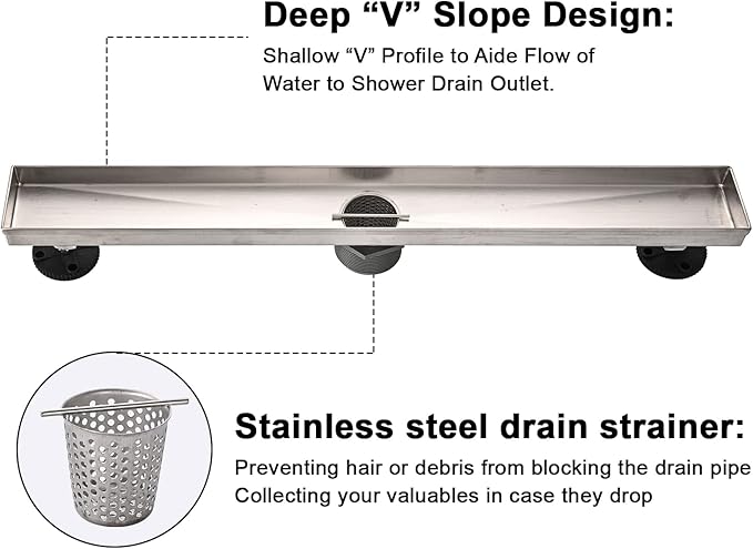 Linear Shower Floor Drain, 40 Inch Brushed Nickel 304 Stainless Steel Bathroom Drains Kit, Rectangular Shower Trench Drain with Reversable Tile-in Pattern Drain Cover & Hair Catcher