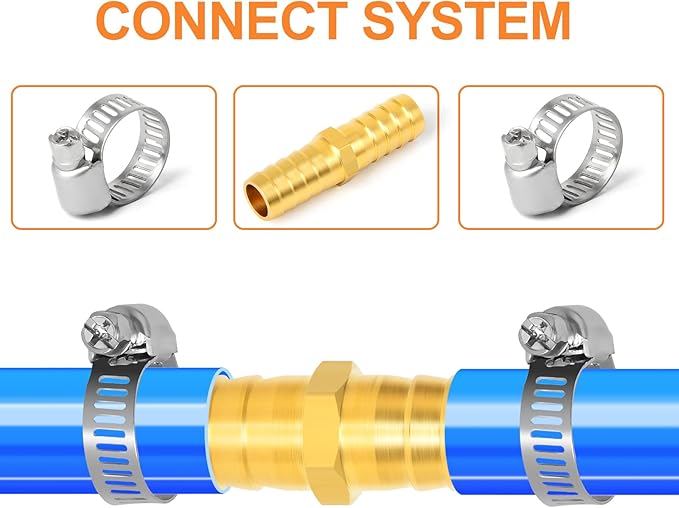 GASHER 20 Pieces Brass Hose Barb Reducer, 1/4 Inch to 1/4 Inch(6.35mm) Barb Hose ID with 40 Hose Clamp, Brass Barb Reducer SPLICER Fitting Fuel/AIR/Lquid/Oil/Gas/WOG