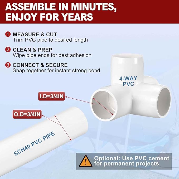 10Pcs 3/4" Elbow PVC Fitting, SCH40 4-Way Tee Furniture Grade PVC Pipe Fitting, DIY Corner Elbow Connector for Building Furniture, Greenhouse Frame Connection, Socket x Socket