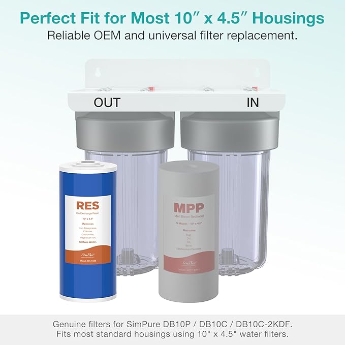 SimPure Whole House Water Filter Cartridges 10" x 4.5" Cation Exchange Resin Water Softening Filter, for DB10P, DB10C, 6 Pack