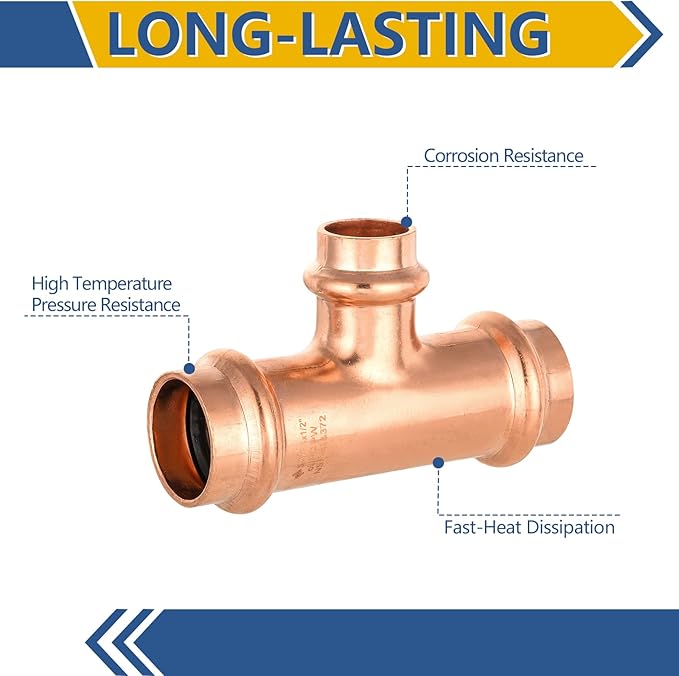 50-Pack GUOFIS Copper Press Tee,3/4" x 3/4"x 1/2" Tee Fittings for Copper Tube Connection with Stop(PRESS018-50Pack)