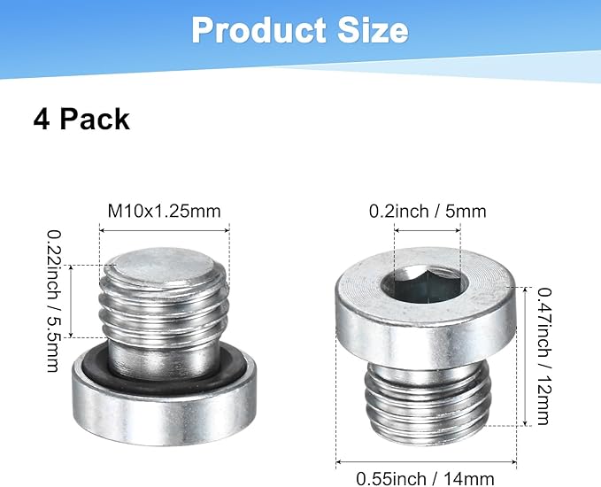 4-Pack M10x1.25mm Inner Hex Head Pipe Fitting Plug, Carbon Steel Sensor Socket Plug with Seal O-Ring for Terminate Pipe Ends/High Pressure Washer, Sealing Screw