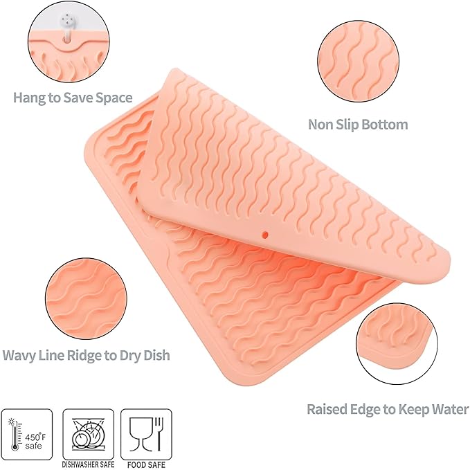 Silicone Dish Drying Mat for Multiple Usage,Easy clean,Eco-friendly,Heat-resistant Silicone Mat for Kitchen Counter or Sink,Refrigerator or Drawer liner Pink M 12 inches x 12 inches