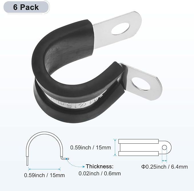 6-Pack Cable Clamps, 19/32 Inch/ 15 mm 304 Stainless Steel Rubber Cushioned Insulated Cable Clamp R Shape Metal Holder for Tube/Wire/Pipe/Loop Installation