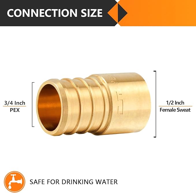 20-Pack HeSun PEX Fittings, 3/4" PEX x 1/2" Female Sweat Adapter (Over Copper Tube), Brass Crimp Fitting for ASTM F1807(PEX1807133-20)