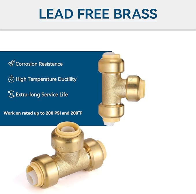 1/2" Pushfit Tee,50 Pack PEX Brass Push-fit Tee with 1 Pack Disconnect Clip, Push-to-Connect Plumbing Fittings for PEX, Copper, CPVC(PF118-50Pack)