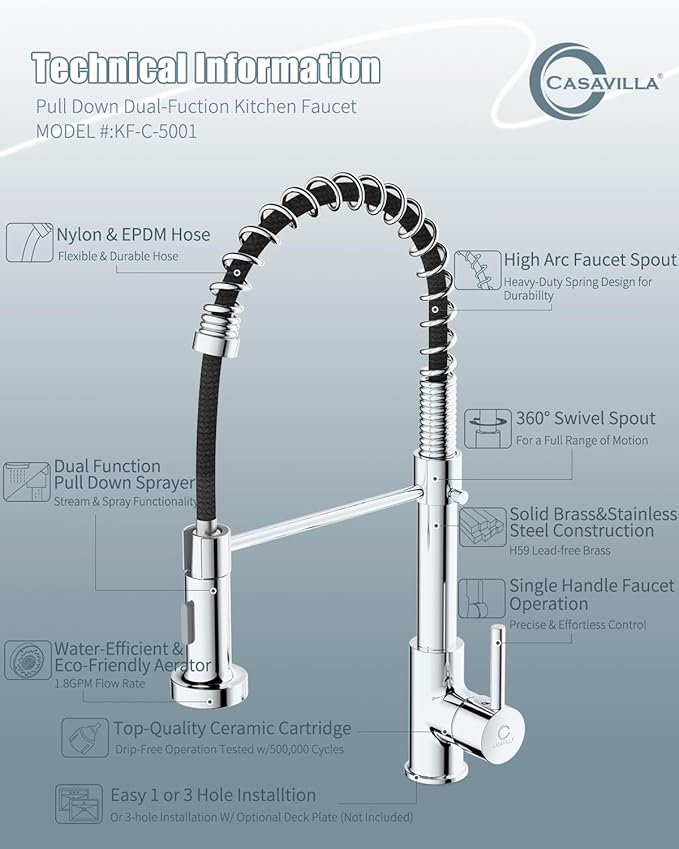 Kitchen Faucet, Commercial Kitchen Sink Faucets with Pull Down Sprayer, Stainless Steel Faucets for Kitchen Sinks, Dual Function Spray Head, Single Handle Spring Kitchen Faucets -Chrome Finish