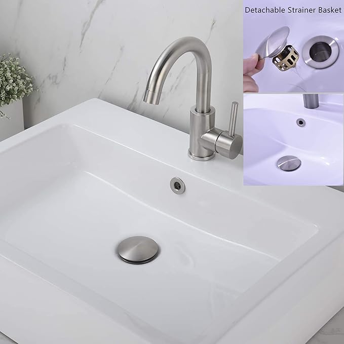 Bathroom Sink Drain,Drain Stopper Bathroom Sink Without Overflow,Pop Up Drain Assembly with Detachable Strainer Basket,Built-in Anti-Clogging Strainer,Stainless Steel Brushed Nickel