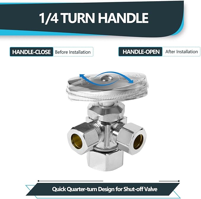 (Pack of 50) Seelink Multi-Turn Dual Outlet Angle Stop Valve, 1/2" NOM (5/8" OD) Inlet x 3/8" OD Outlet x 3/8" OD Outlet, Chrome Plated Brass