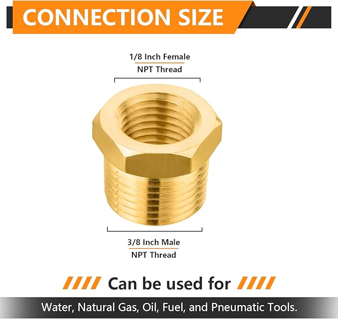 100-PCs HeSun Brass Thread Pipe Fitting, 3/8" NPT Male x 1/8" NPT Female Reducer Hex Bushing Adapter(NPT023-100)
