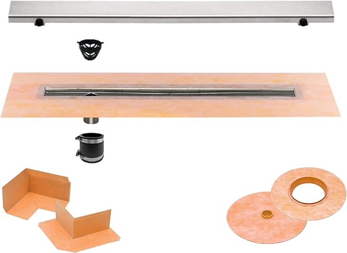 All-in-one Waterproof Linear Shower Drain Kit with 48 Inch Off-set Outlet Channel Body (KL1VO60E120) and Drain Grate Assembly (Cover) in Solid Design with Brushed Stainless Steel Finish (KL1AR19EB120)