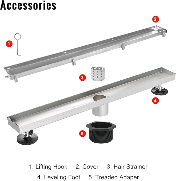 SaniteModar Linear Shower Drain, Shower Drain 40 inch with Flat and Tile Insert 2 in 1 Panel, Brushed 304 Stainless Steel Linear Drain, with Hair Strainer and Leveling feet