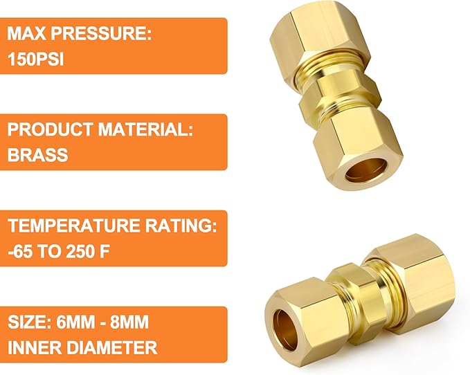 GASHER 5PCS Brass Compression Tube Pipe Fitting Connector, 6mmx8mm Tube OD Connector