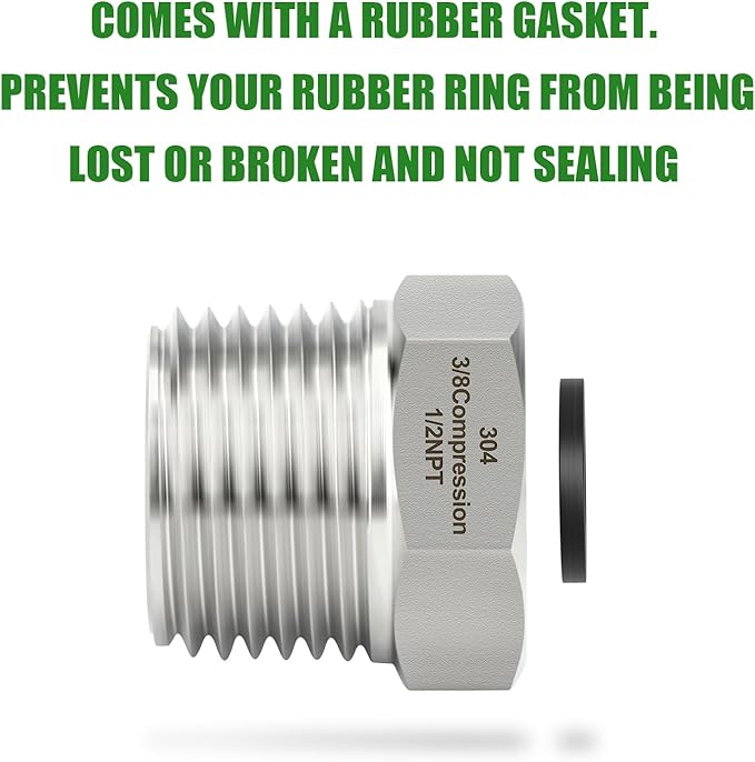 TAISHER 5PCS 304 Stainless Steel Reducer Water Hose Adapter 1/2" NPT × 3/8" Compression Pipe Fitting for kitchen bathroom faucet supply line adapter with rubber gasket
