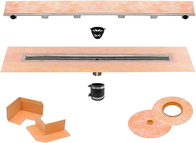 All-in-one Waterproof Linear Shower Drain Kit with 44 Inch Center Outlet Channel Body (KL1V60E110) and Drain Grate Assembly (Cover) in Tileable Design(KL1DRE110)