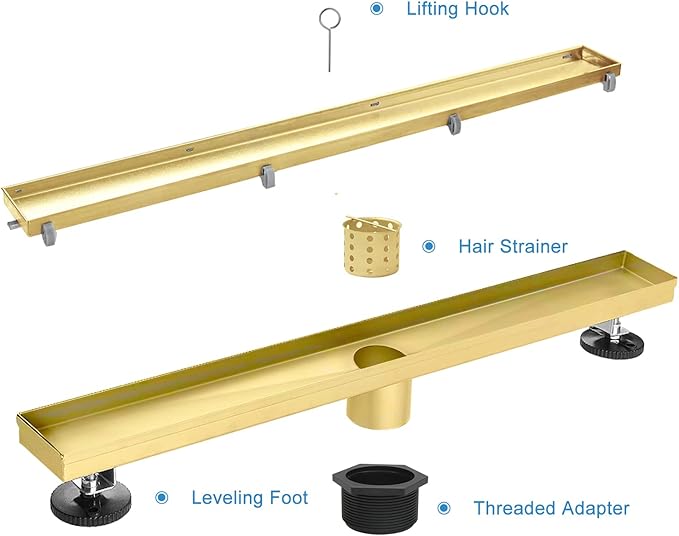 Linear Shower Drain, 32 inch Gold Drain with Tile Insert 2-in-1 Panel, Brushed 304 Stainless Steel Gold Shower Floor Drain, Linear Drain with Hair Strainer and Adjustable Feet