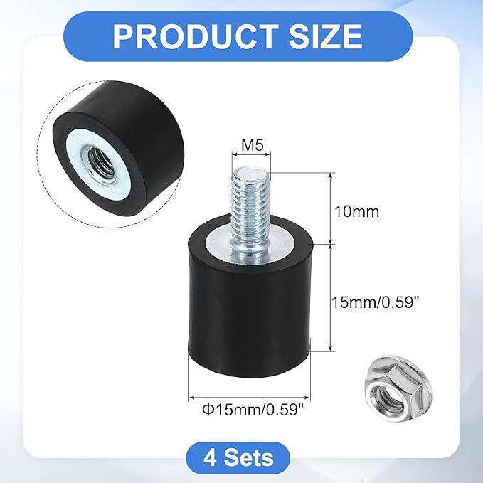 uxcell M5 Rubber Mounts, 4Pcs 15x15mm(DxH) Rubber Cylindrical Anti Vibration Isolator Shock Absorber with Lock Nut for Car Bobbin Generator Air Compressors