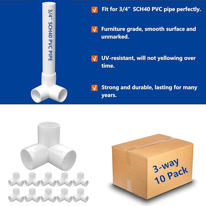 3 Way PVC Fittings 3/4 Inch (10-Pack), Furniture-Grade, Heavy-Duty Pipe Connectors for Plumbing, DIY Projects, and Home Furniture Assembly, Compatible with 3/4" Schedule 40 PVC Pipes‌