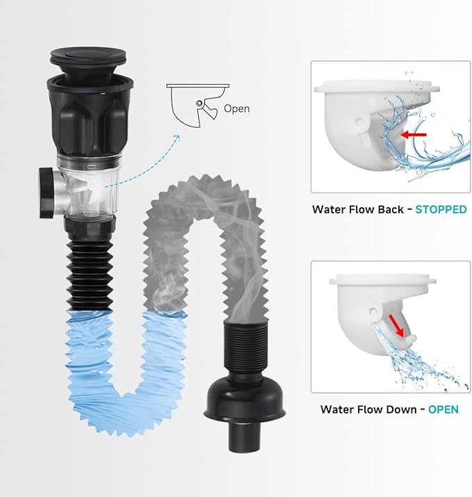 Flexible P-Trap Sink Drain Pipe, Bathroom Sink Drain Kits with Strainer Basket Hair Catcher and pop-up Stopper, Fits 1-1/4",1-1/2"and 2" Drain Hole,Matte Black