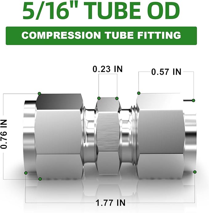 TAISHER 5PCS 304 Stainless Steel Compression Tube Pipe Fitting Connector, 5/16" Tube OD x 5/16" Tube OD Straight Adapter