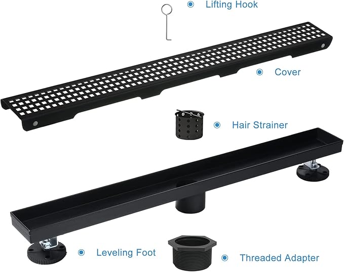 Linear Shower Drain, 72 inch Black Drain with Removable Grate Cover, Brushed 304 Stainless Steel Shower Floor Drain, Linear Drain with Hair Strainer and Adjustable Feet