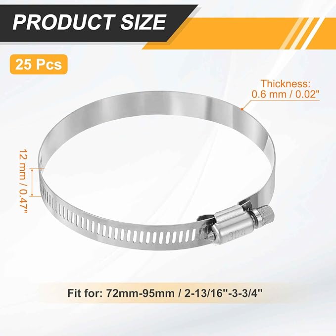 HARFINGTON 25 Pcs Hose Clamp 2-13/16"-3-3/4" (72-95mm) 304 Stainless Steel Adjustable Worm Gear Hose Clamp with Phillips Screw Assortment Kit for Fuel Line Pipe Plumbing Automotive Tube
