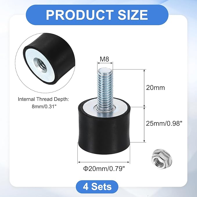 uxcell M8 Rubber Mounts, 4Pcs 25x20mm(DxH) Rubber Cylindrical Anti Vibration Isolator Shock Absorber with Lock Nut for Car Bobbin Generator Air Compressors