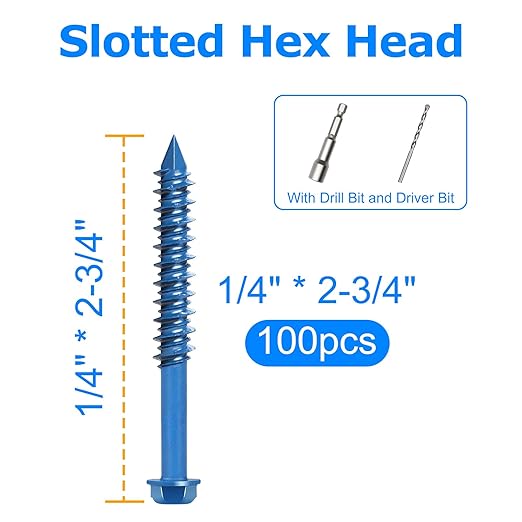 100PCS Concrete Screws Assortment Kit, 1/4" x 2-3/4" Masonry Screws with Drill Bit and Driver Bit, Hex Head Cement Screws and Anchor, Diamond Point, Self Tapping Concrete Brick or Stucco, Blue Coated