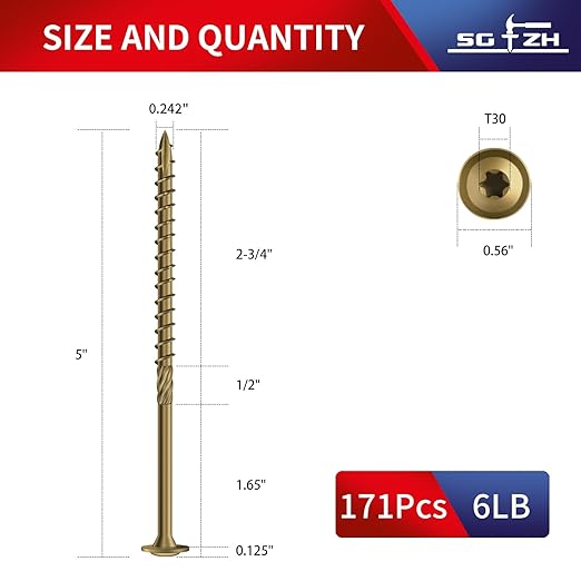 #14 x 5 Inch Lag Screws (171Pcs) 6lb. Structural Wood Screw, Bronze, Carbon Steel, Washer Head, Rust Resistant epoxy Coated, T30 Star Bit