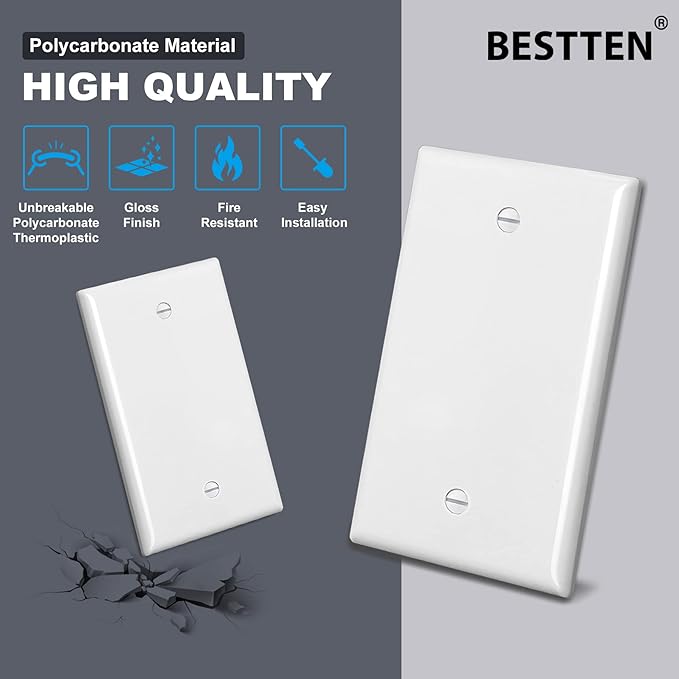 BESTTEN 10 Pack 1-Gang No Device Blank Wall Plate, UL Listed, Standard Size, H4.53” x W2.76”, Unbreakable Polycarbonate Thermoplastic Outlet Cover, White
