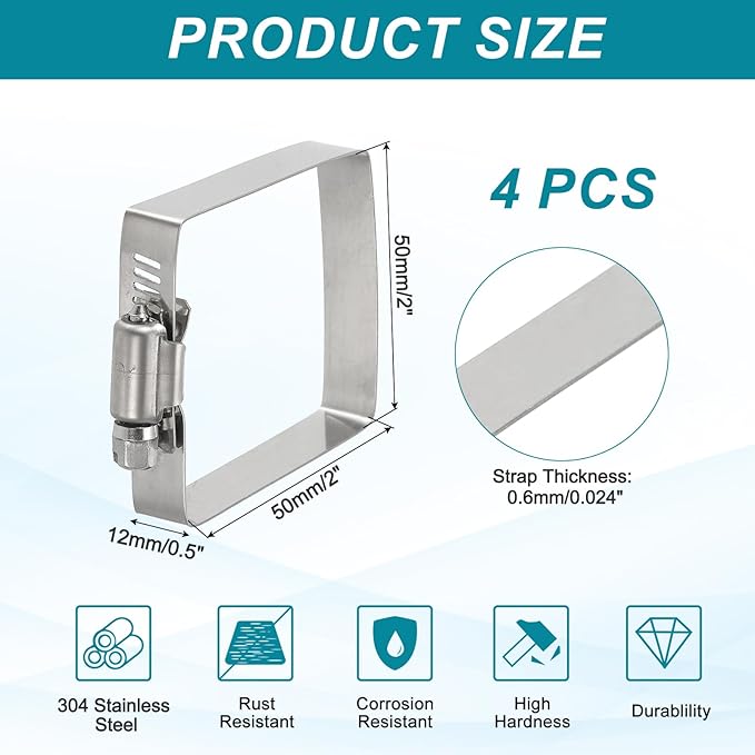 uxcell 4Pcs 304 Stainless Steel Rectangular Hose Clamp, Adjustable 2 x 2 Inch Square Worm Gear Duct Pipe Tube Clamps for Ducting Bracket Cable Tray Bridge Project Systems, Silver