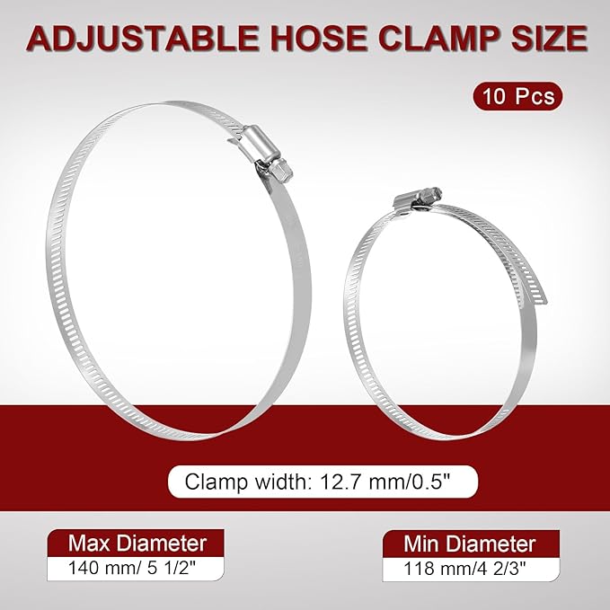 MECCANIXITY 5 Inch Stainless Steel Hose Clamp, Worm Gear Clamp Adjustable 4 2/3"-5 1/2"(118-140mm) Fuel Line Hose Clamps Duct Clamp for Pipe Plumbing Automotive Mechanical (Pack of 10)