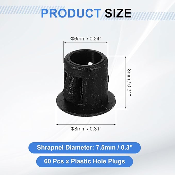 uxcell 60Pcs Plastic Hole Plugs, 6mm(1/4") Flush Type Panel Plugs, Round Snap Knockout Locking Plugs for Furniture Insert End Caps Panels, Black