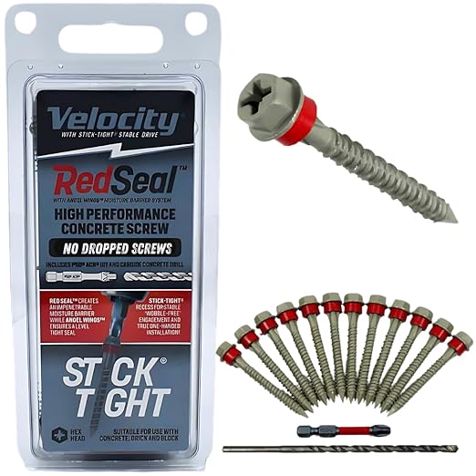 Velocity 2 1/4 Concrete Screws Set with RedSeal Moisture Barrier (Hex Head, 1/4”) – 12 Pcs High-Performance Masonry Screws, Stick Tight Technology, 1 PSD ACR Drive Bit and 1 Carbide Concrete Drill Bit