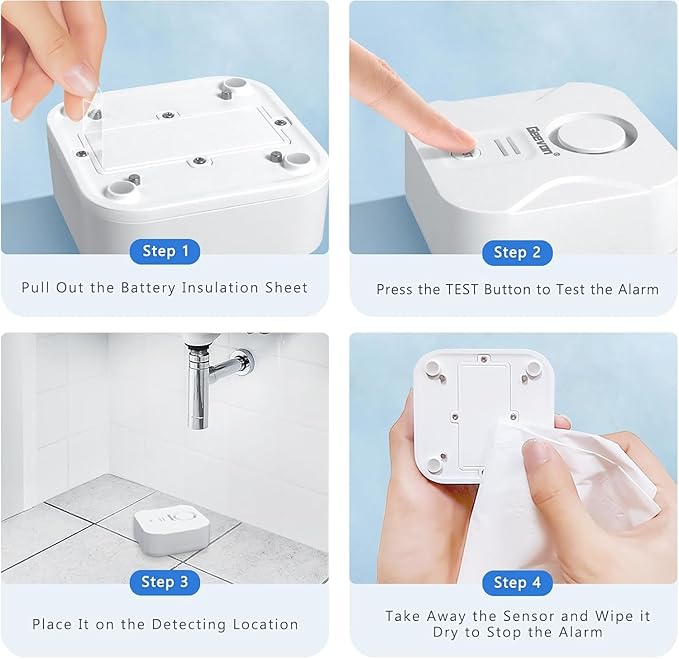 Geevon 4 Pack Water Leak Detectors for Home, 100dB Water Sensor Alarm Flood Leakage Detection Devices for Bathroom, Basements, Laundry Rooms, Kitchen, IP56 Waterproof(Battery＆Screwdriver Included)