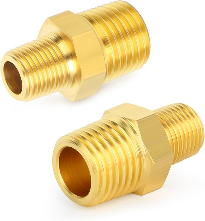 GASHER Brass Reducing Hex Nipples,3/8 Inch NPT Male x 1/4 Inch NPT Male Brass Pipe Adapter Fittings Reducing Nipples Connector（8Pcs）