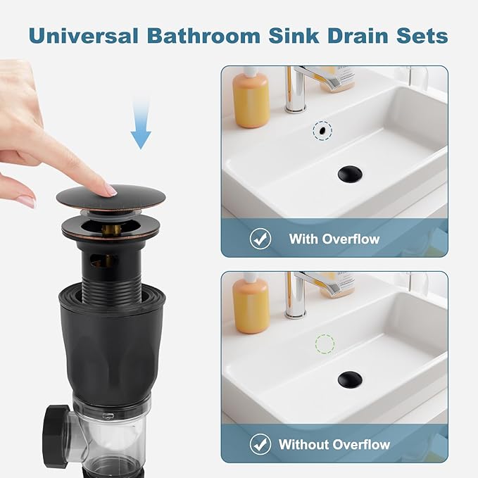 iFealClear Bathroom Sink Drain Kit, Flexible P-Trap Drain Pipe with Pop Up Stopper, Sink Pipe Replacement with 2 Adapters, Fit 1-1/4'', 1-1/2'', 2” Holes, Big Cap, Brass Bounce Core, Oil Rubbed Bronze