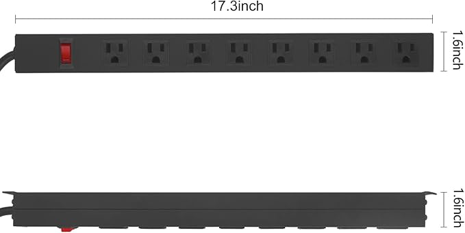 Metal 8 Outlet Mountable Power Strip, Wall Mount Outlet Heavy Duty, Wide Spaced Commercial Shop Power Strip with Switch, 3 FT SJT 14AWG Power Cord.(3FT)