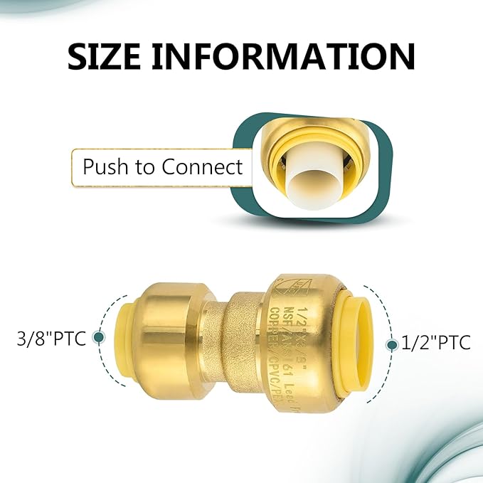 (Pack of 10) Niikappu 1/2" x 3/8" Reducing Coupling Brass Fittings, Push-to-Connect Plumbing Fitting for Pex, Copper, CPVC, Includes Removal Clip