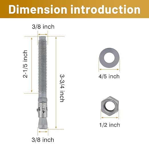 3/8 x 3-3/4 inch Wedge Concrete Anchors kit Galvanized Carbon Steel, Expansion Screw Bolt Heavy Duty Fasteners for Masonry Concrete (Pack of 20)
