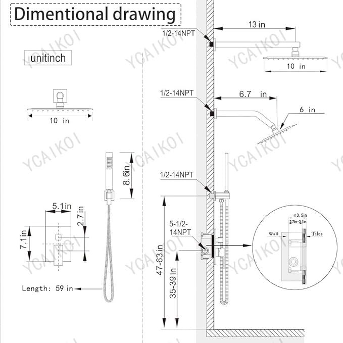 Shower Faucet Set Polished Chrome Shower System, Knob Switch Diverter Shower Faucet with High Pressure Handheld Spray, Wall Mount 10 Inch Shower Head with 6 Inch Wall Mount Shower Head