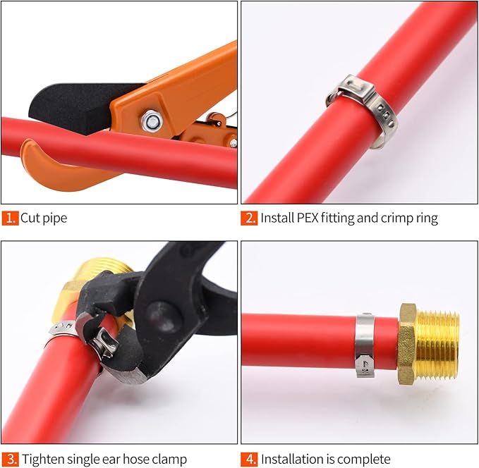 100 Pack 1/2" PEX Cinch Clamps, Stainless Steel Single Ear Hose Clamps